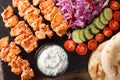 Lebanese Shish Taouk Tawookwith fresh vegetables, yogurt sauce and pita close-up. horizontal top view Royalty Free Stock Photo