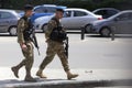 Lebanese soldiers patrol Beirut street Royalty Free Stock Photo