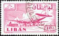LEBANON - CIRCA 1959: A stamp printed in Lebanon shows Douglas DC-6B at Khalde airport, circa 1959.