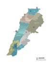 Lebanon higt detailed map with subdivisions. Administrative map of Lebanon with districts and cities name, colored by states and