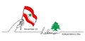 Lebanon, Lebanese Independence Day vector background. One line drawing concept with hand, flag, cedar tree