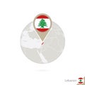 Lebanon map and flag in circle. Map of Lebanon, Lebanon flag pin. Map of Lebanon in the style of the globe Royalty Free Stock Photo