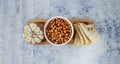 Leblebi Turkish delicacy of fried chickpeas, garlic and tortillas on compartmental dish, long format banner, selective focus Royalty Free Stock Photo