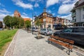 Lebork, Pomorskie / Poland - September, 09, 2020: Historic streets in the old town of Central Europe. Renovated tenement houses in