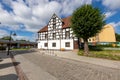 Lebork, Pomorskie / Poland - September, 09, 2020: Pentecostal Church in the center of a small town in Pomerania. Brick temple with