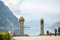 LECCO, ITALY - APRIL 2022: Tourists and locals spending sunny spring day in Lecco, a town on the shore of Lake Como. Charming