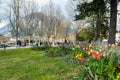 LECCO, ITALY - APRIL 2022: Tourists and locals spending sunny spring day in Lecco, a town on the shore of Lake Como. Charming