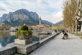 LECCO, ITALY - APRIL 2022: Tourists and locals spending sunny spring day in Lecco, a town on the shore of Lake Como. Charming