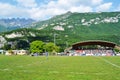 Mountain Resegone over Lecco and the rugby match.