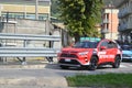 Giro di Lombardia 2022. Passing the province of Lecco. ENEL Toyota Rav4 car. Royalty Free Stock Photo