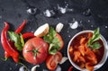 Lecho  with a sprig of green parsley, herbs, tomato slices, red chili pepper, garlic, ice cubes, on a black background, sauce Royalty Free Stock Photo