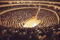 Lecture in a large university auditorium to a group of students aerial view. AI generated. Royalty Free Stock Photo