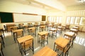 Lecture room or School empty classroom with desks and chair iron