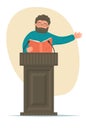 Lecture. Speaker with book talking at podium tribune. Royalty Free Stock Photo