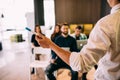 Lecture and training in business office for white collar colleagues. Focus on hands of speaker. Royalty Free Stock Photo