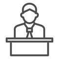 Lecturer behind the podium line icon, business presentation concept, Speaker in uniform makes report sign on white