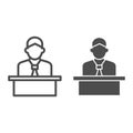 Lecturer behind the podium line and solid icon, business presentation concept, Speaker in uniform makes report sign on