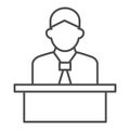 Lecturer behind the podium thin line icon, business presentation concept, Speaker in uniform makes report sign on white