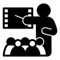Lecturer man with pointer and video solid icon, osint analytics concept. Vector graphics. Teacher with audience, study Royalty Free Stock Photo