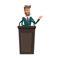 The lecturer stands behind the rostrum. The speaker lectures and gestures. A young politician speaks to the public. Royalty Free Stock Photo