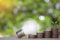 Led bulb on coins stacking with plant growing on top and green bokeh background with warm light to show save energy Royalty Free Stock Photo