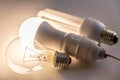 Led bulb, incandescent bulb, fluorescent bulb. Royalty Free Stock Photo