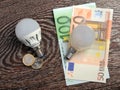 LED bulb and incandescent lamp at euro bills