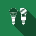 LED bulbs and fluorescent light bulb icon with long shadow.