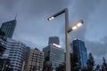 LED lamp and cityscape of skyscrapers in Perth at Elizabeth Quay