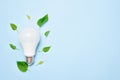 Led lamp with leaves on a blue background. Green energy efficiency concept. Top view Royalty Free Stock Photo