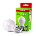 Led lamp with package box isolated on white. Energy efficient light bulb