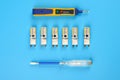 .LED lamps with an electrician tool on a blue background Royalty Free Stock Photo
