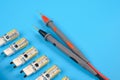 .LED lamps with an electrician tool on a blue background Royalty Free Stock Photo