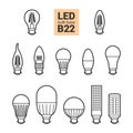 LED light B22 bulbs vector outline icon set