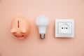 LED light bulb, power socket and pink piggy bank. Power energy economy concept