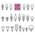 LED light E14 bulbs vector outline icon set