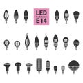 LED light E14 bulbs vector silhouette icon set