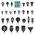 LED light E27 bulbs vector silhouette icon set