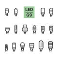 LED light G9 bulbs vector outline icon set