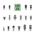 LED light G9 bulbs vector silhouette icon set