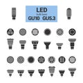 LED light GU10 bulbs silhouette icon set