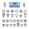 LED light GU10 bulbs vector outline icon set