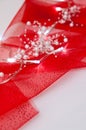 Led lights on red drapery as Christmas table decoration Royalty Free Stock Photo