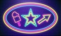 Led neon star vector. Colorful disco party sign. Arrow casino frame. Night pointer for bar in blue colors. Retro style Royalty Free Stock Photo