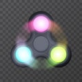 Led RGB lightning fidget spinner, hand gadget with colored sides spinning around of colors and glowing light effect