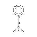 Led ring lamp on tripod. Linear icon. Black simple illustration of light for selfie, blogger, beauty master. Contour isolated