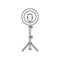 Led ring lamp on tripod with smartphone. Linear icon. Black simple illustration of light for selfie, blogger. Contour isolated