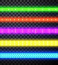 LED strips colorful set. Festive illumination. Luminous borders. Horizontal seamless tapes with lamps.