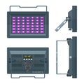LED ultraviolet professional stage projector colored flat illustration various position.