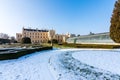 Lednice castle and greenhouse, snow and winter. Blue sky